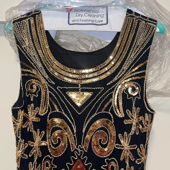 Elegant Black and Gold Embellished Dress 20s Flapper style Medium Great Gatsby - Picture 3 of 17